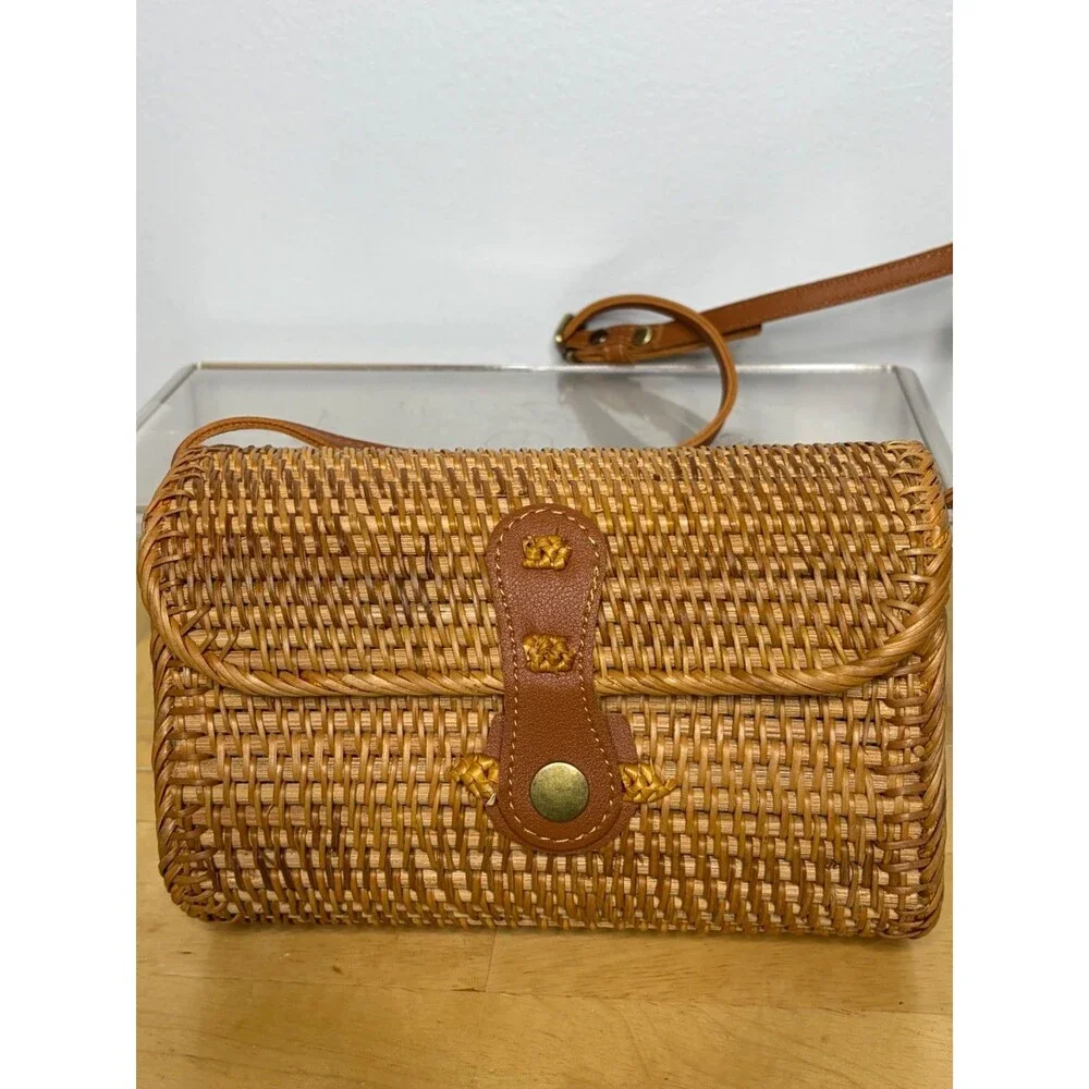 Handwoven Rattan Shoulder Leather Strap Floral Lined Bag